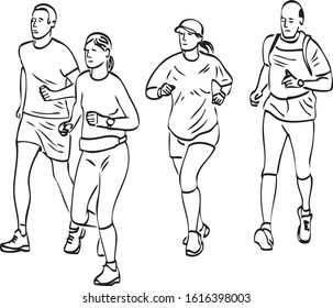 Sketch of group citizens jogging