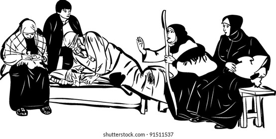 sketch of a group of people sitting on wooden benches