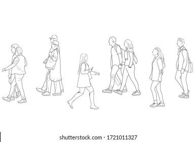 sketch of a group of people walking along a city street