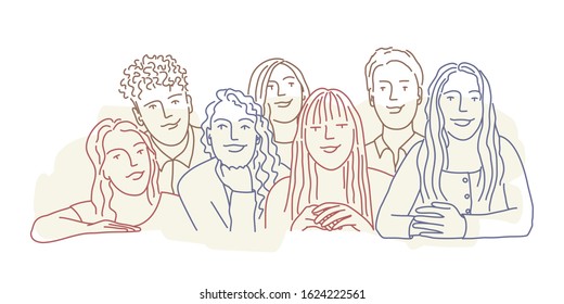 Sketch of group of students. Colour line drawing vector illustration.