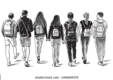 Sketch of a group of students friends walking down the street