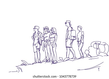 Sketch Group Of Travelers People With Backpacks Hand Drawn Abstract Hikers Tourists Team Vector Illustration