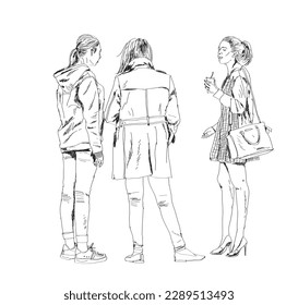 Sketch, group of young girls talking in the city. Collection of silhouettes for your project. 