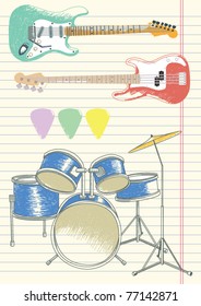 Sketch of Guitars and a Drum Kit