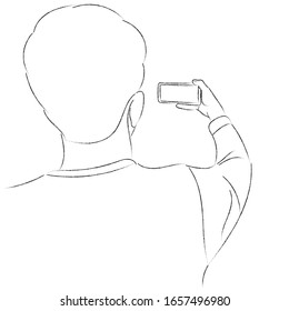 Sketch-Typ von hinten, er macht sich auf Smartphone, Teenager schießt Video auf dem Telefon, Telefon in der Hand, Rückansicht