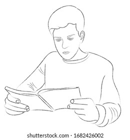 A sketch of a guy with a book in his hands, portrait of a teenager who is reading a book