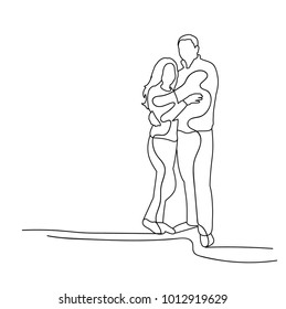 sketch of guy and girl hugging on white background, isolated, vector