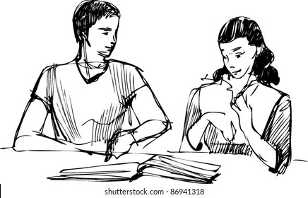 sketch of a guy and a girl reading a book at the table