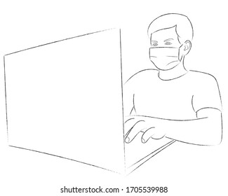 Sketch of a guy in a medical mask, who is sitting and working on a laptop