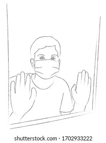 Sketch of a guy in a protective mask, a teenager behind a glass window