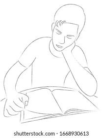 Sketch guy is reading a book, student preparing for exams
