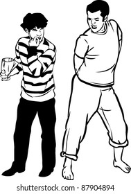 sketch of a guy singing the other listens and eats
