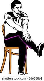 sketch of the guy in sneakers sitting on a wooden chair