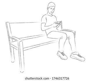 A sketch of a guy who is sitting on a bench with a mobile phone in his hand
