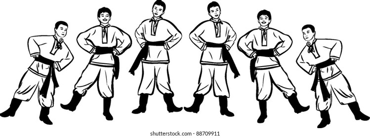 sketch of the guys are dancing a dance in his boots and trousers shirts