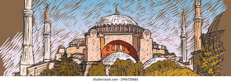 Sketch of Hagia Sophia mosque museum in Istanbul in warm autumn colors, Vector hand drawn illustration long web banner - Shutterstock ID 1996720685