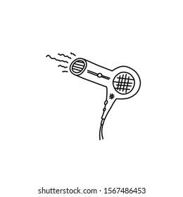 Sketch hair dryer. Electric hand-held appliance dry hair, convenient plastic case located inside fan, heats air coil inside unit. Drawing cartoon art style.
