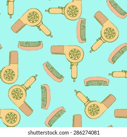Sketch hairdryer and comb in vintage style, vector seamless pattern