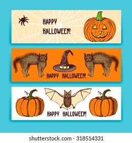 Sketch Halloween banners in vintage style, vector set