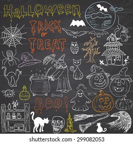 Sketch of halloween design elements with pumpkin, witch, black cat, ghost, skull, bats, spiders with web. Doodles set with Lettering, Hand-Drawn Vector Illustration on chalkboard background