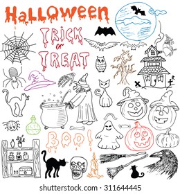 Sketch of halloween design elements with pumpkin, witch, cat, ghost, skull, bats, spiders with web. Doodles set with Lettering, Hand-Drawn Vector Illustration on chalkboard background