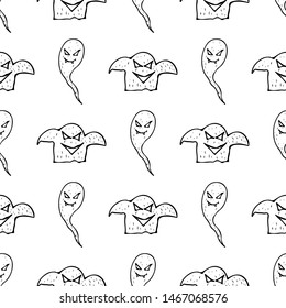 Sketch Halloween ghost seamless outline. Halloween ghost seamless outline in a hand-drawn style. October harvest background. Vector freehand set. Vector illustration.