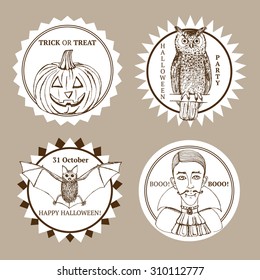 Sketch Halloween label in vintage style, vector set. Owl, vampire, bat and pumpkin.