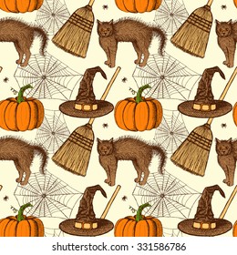 Sketch Halloween pattern in vintage style, vector