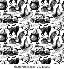 Sketch Halloween seamless pattern. Hand drawn vector illustration