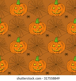 Sketch Halloween seamless pattern in vintage style, vector. Pumpkin and net with spider.