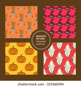 Sketch Halloween seamless pattern in vintage style, vector set