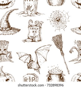 Sketch halloween seamless pattern with witch hat and broom grave spider and bat stump vector illustration