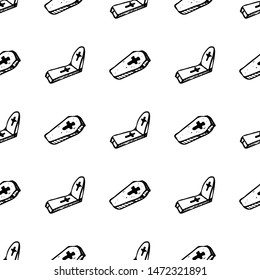 Sketch Halloween tombstone and coffin seamless outline. Halloween tombstone and coffin seamless outline in a hand-drawn style. October harvest background. Vector freehand set