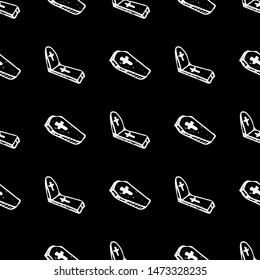Sketch Halloween tombstone and coffin seamless outline. Halloween tombstone and coffin seamless outline in a hand-drawn style. October harvest background. Vector freehand set