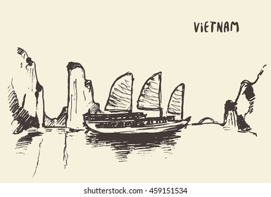 Sketch of the Halong Bay, Vietnam. Vector illustration