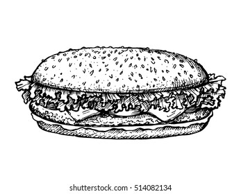 Sketch hamburger or burger vector logo design template. fast food or restaurant icon.Hand drawn food illustration.