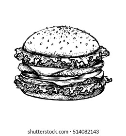 Sketch hamburger or burger vector logo design template. fast food or restaurant icon.Hand drawn food illustration.