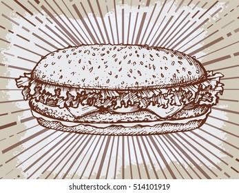 Sketch hamburger or burger vector logo design template. fast food, restaurant icon.Hand drawn vintage illustration poster.
