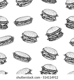 Sketch hamburger or burger vector seamless pattern. fast food, restaurant background.Hand drawn illustration for wallpaper.