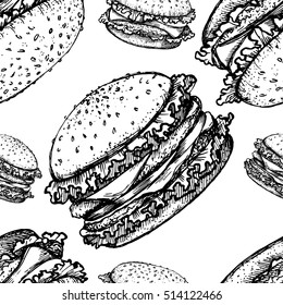 Sketch hamburger or burger vector seamless pattern. fast food, restaurant background.Hand drawn illustration for wallpaper.