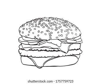 Sketch of hamburger  isolated on white, graphical lined illustration for coloring book and design 
