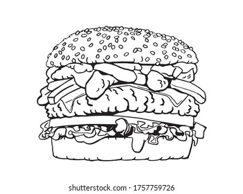 Sketch of hamburger  isolated on white, graphical lined illustration for coloring book and design 