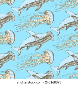 Sketch hammerhead shark and jellyfish in vintage style, vector seamless pattern
