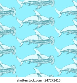 Sketch hammerhead shark in vintage style, vector seamless pattern