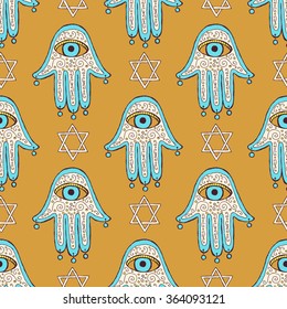 Sketch hamsa and david star in vintage style, vector seamless pattern