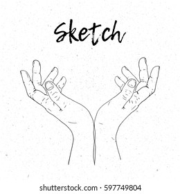 Sketch hand begging hands. Vector line illustration