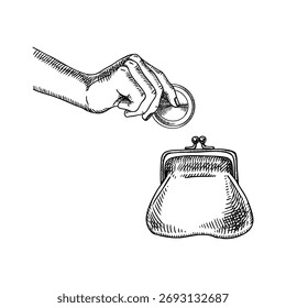 Sketch hand with coin and retro wallet. Saving budget, finance, banking, investment, fintech, insurance, credit, e-commerce, money concept. Hand drawn isolated vector 