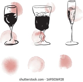 Esbozar ilustración de vino vectorial de mano - vino que se vierte de una botella a un vaso. Estampillas y estampillas de color agua con lomo esbozado, botella, aisladas en blanco