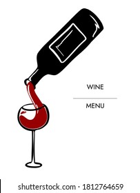 Sketch hand draw vector wine illustration. Red wine pouring from a bottle into a glass