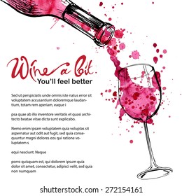 Sketch hand draw vector wine illustration - wine pouring from a bottle into a glass. Watercolor splashes and stamps with sketched wineglass, bottle, isolated on white
